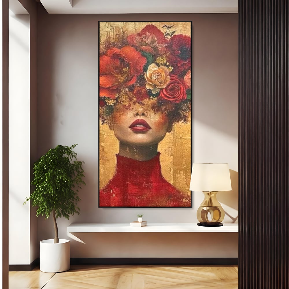 Tablou canvas cu tablou canvas cu portret de femeie si flori, in rama de aluminiu negru